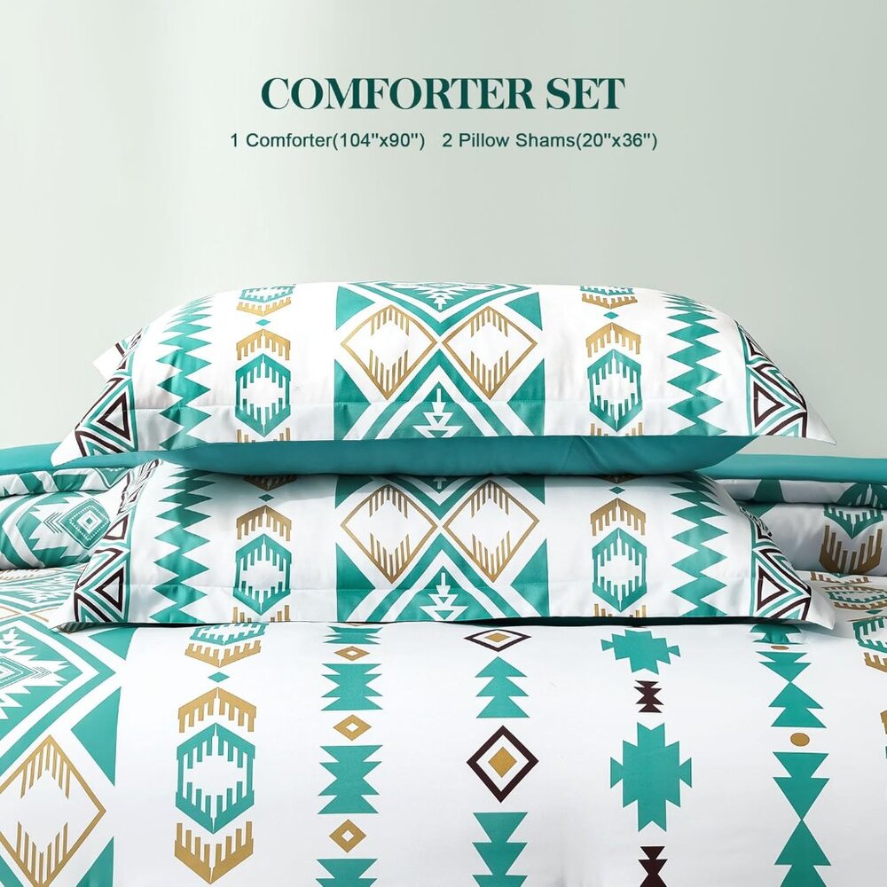 NEW King Size Comforter Set – 3 Piece Turquoise Boho Aztec Bedding, Western - Picture 3 of 3